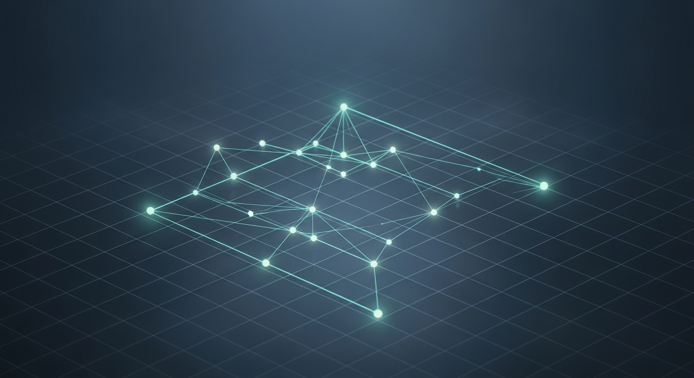 Isometric wireframe network of cyan nodes connected on a dark navy grid