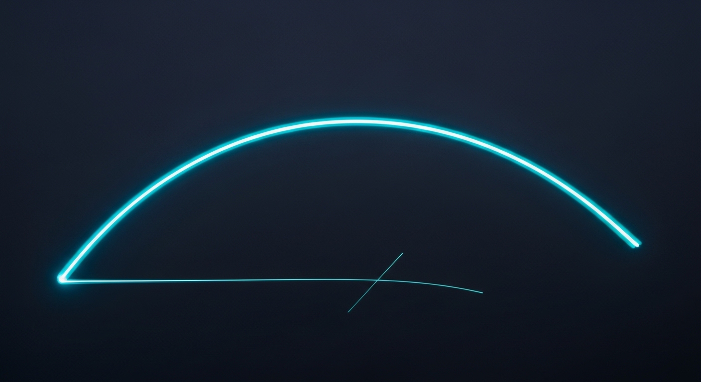 A single long-exposure cyan light streak arcing across a deep navy frame
