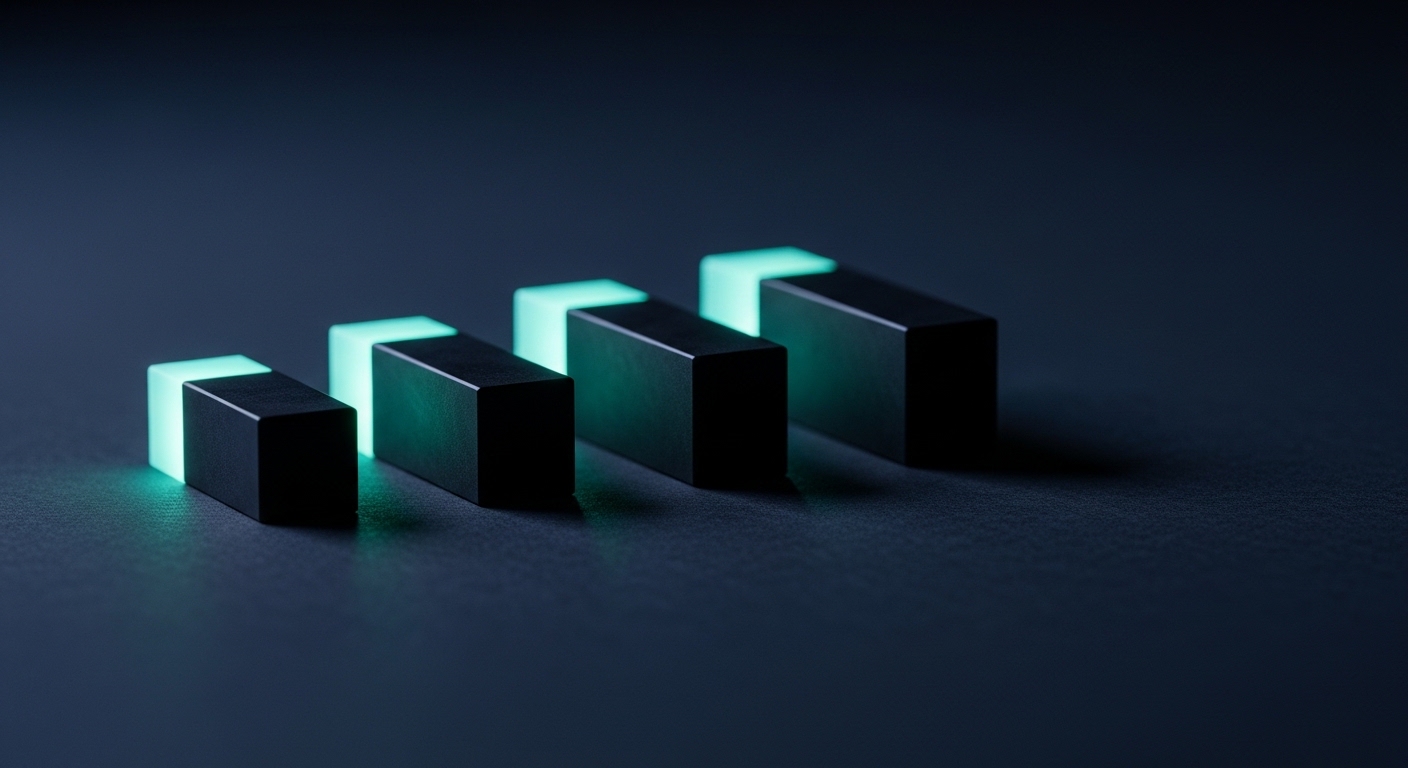 Four precisely measured bars on a dark surface, rim-lit in cyan — a visual metaphor for structured price bands