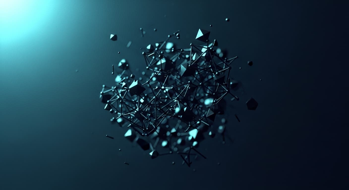 Abstract cloud of geometric particles assembling into a lattice — a visual metaphor for data forming a trained model