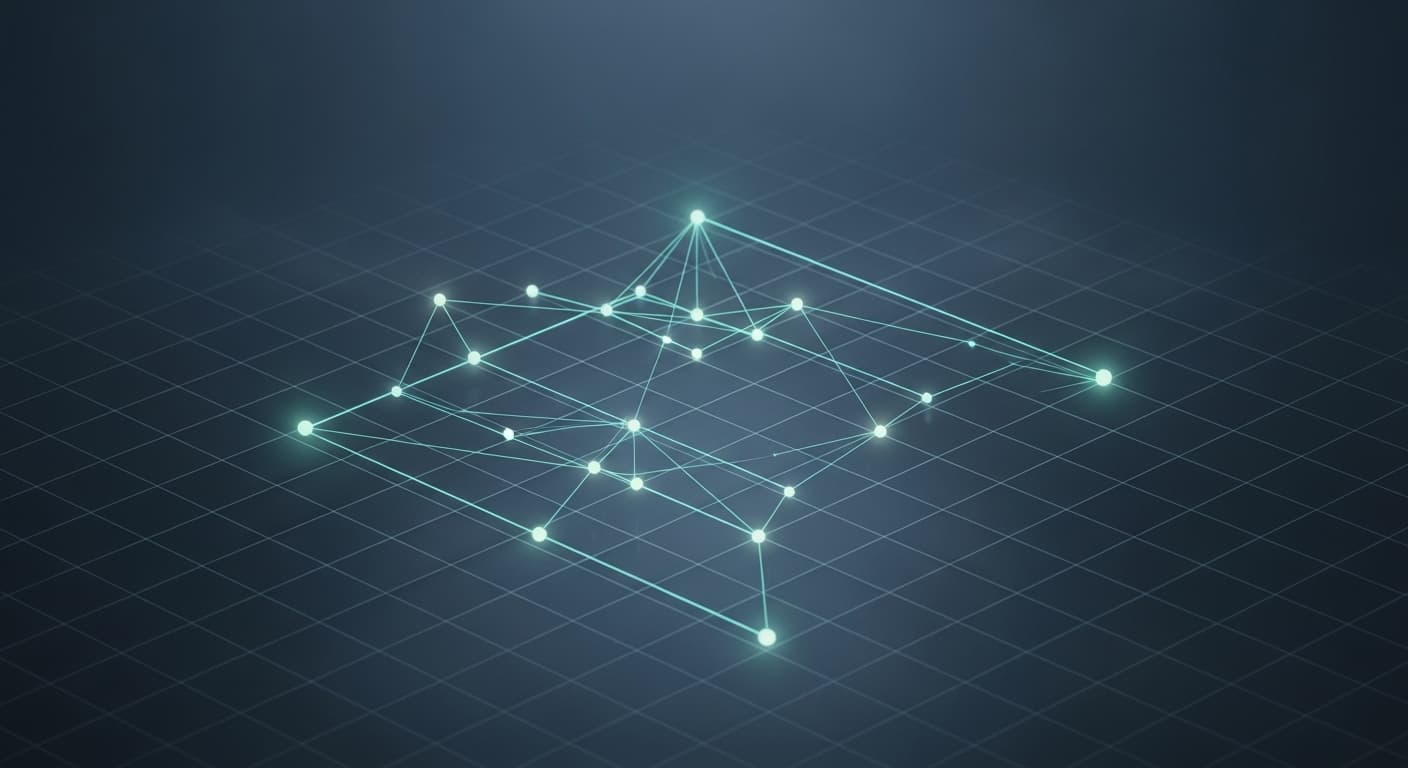 Isometric wireframe network of cyan nodes connected on a dark navy grid