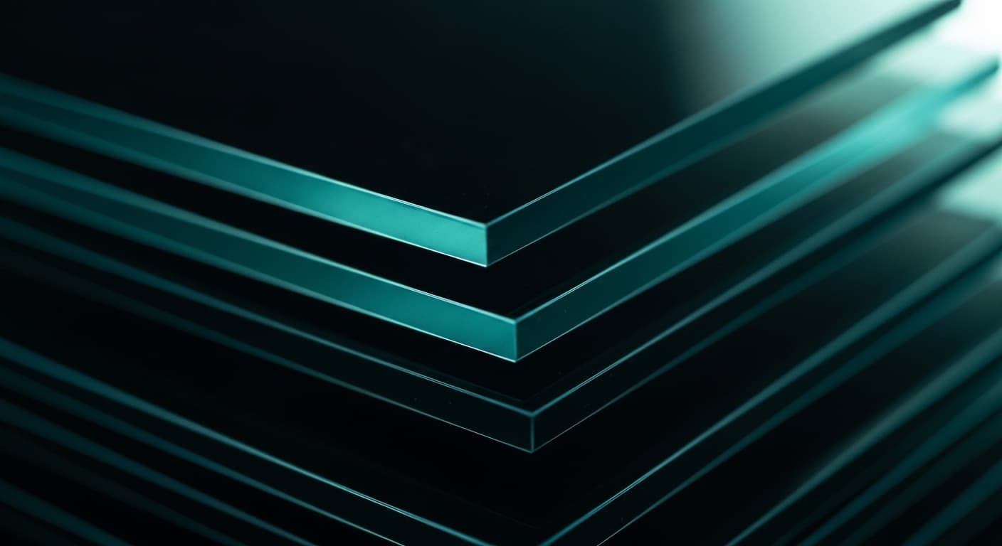 Stacked translucent dark glass plates edge-lit with thin cyan light along the seams
