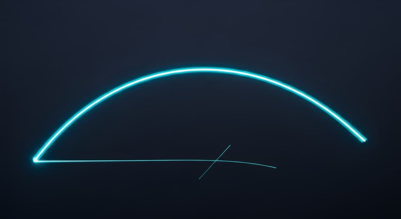 A single long-exposure cyan light streak arcing across a deep navy frame